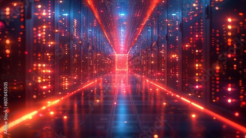 The corridor of a working data center with rack servers and supercomputers with an Internet connection visualisation projection photo