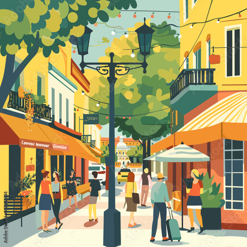 A painting of a busy city street with people walking and shopping. The mood of the painting is lively and bustling