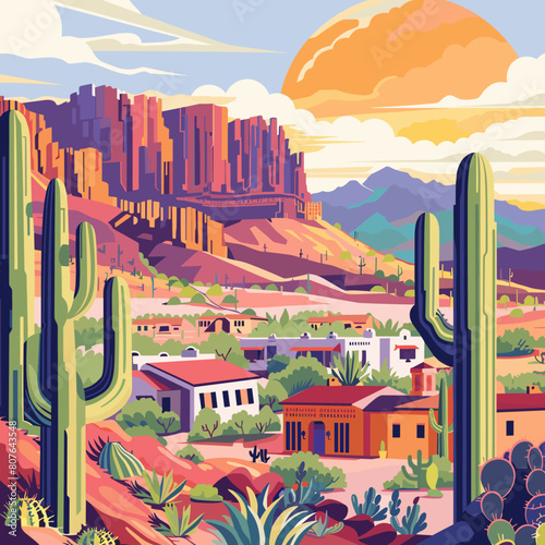 A painting of a desert landscape with a large cactus and a small town in the background. The painting has a warm and inviting mood, with the bright colors of the cactus