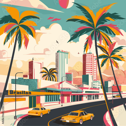 A colorful painting of a city street with palm trees and cars. The mood of the painting is bright and cheerful