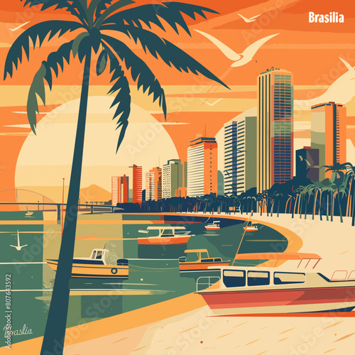 A painting of a beach with palm trees and boats. The mood of the painting is relaxed and peaceful