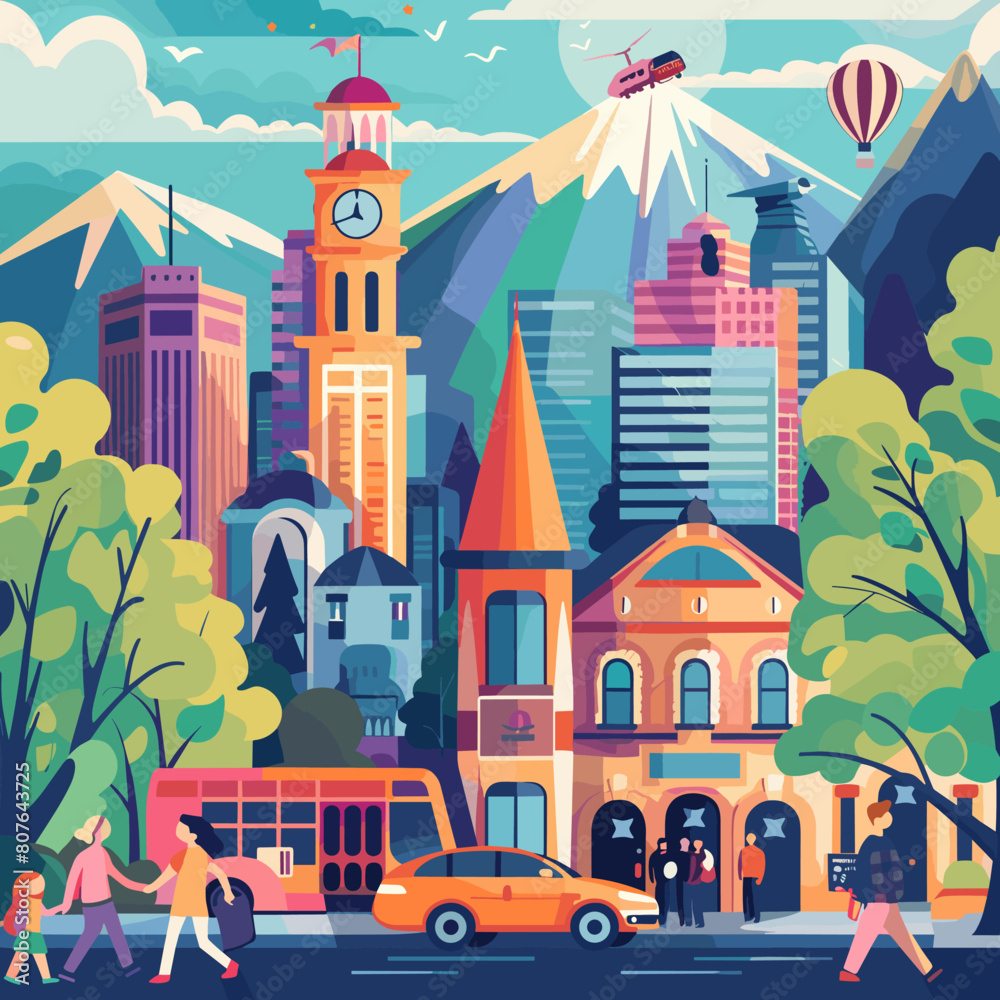 A colorful cityscape with a clock tower and a church. A bus and a car are driving down the street. People are walking and standing around A colorful cityscape with a clock tower and a church. A bus and a car are driving down the street. People are walking and standing around