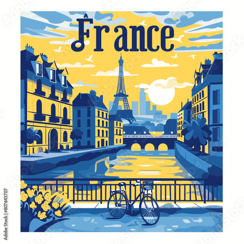A painting of a city with a bridge and a bicycle leaning against it. The painting is titled "France" and is in blue and yellow colors