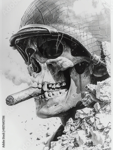 Smoldering Cigar and Shattered Skull with Cap