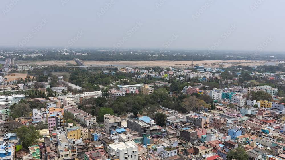 Beautiful City View of Tiruchirappalli  From the Rock fort Temple, Trichy, Tamil Nadu, India.