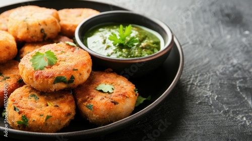 Appetizing Fried Potato Patties with Garnish Herbs and Spicy Green Sauce (Chutney) on Dark Background, Ready to Be Eaten and Served.