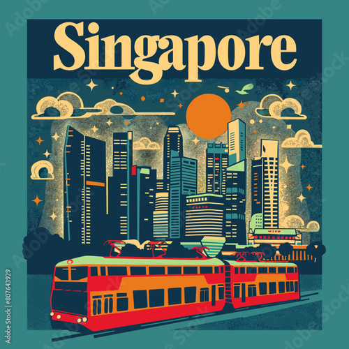 A colorful poster of Singapore with a train on it. The poster has a city skyline in the background and a sun in the sky