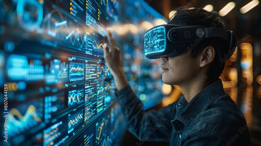 Business team meeting using Artificial Intelligence (AI), machine learning and data mining technology. Professional investor using VR screen computer. Business team meeting using Artificial Intelligence (AI), machine learning and data mining technology. Professional investor using VR screen computer.