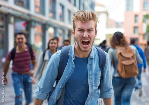 Angry Young Man Screaming on Busy City Street Among Pedestrians