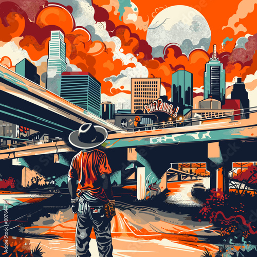 A man in a hat stands on a bridge looking out over a city. The sky is orange and the city is in the background