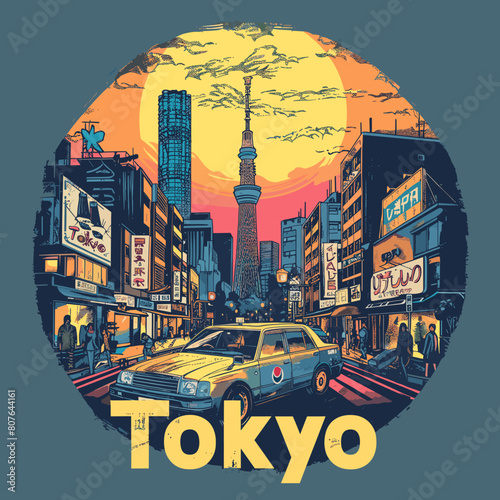 A colorful painting of a city with a car driving down a street. The painting has a mood of excitement and adventure