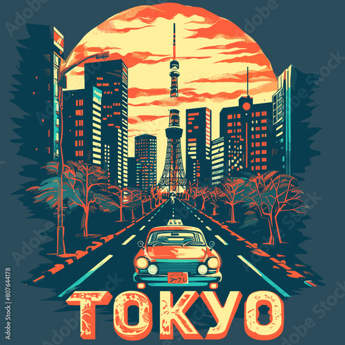A colorful cityscape with a car driving down a road with the word Tokyo written in bold letters