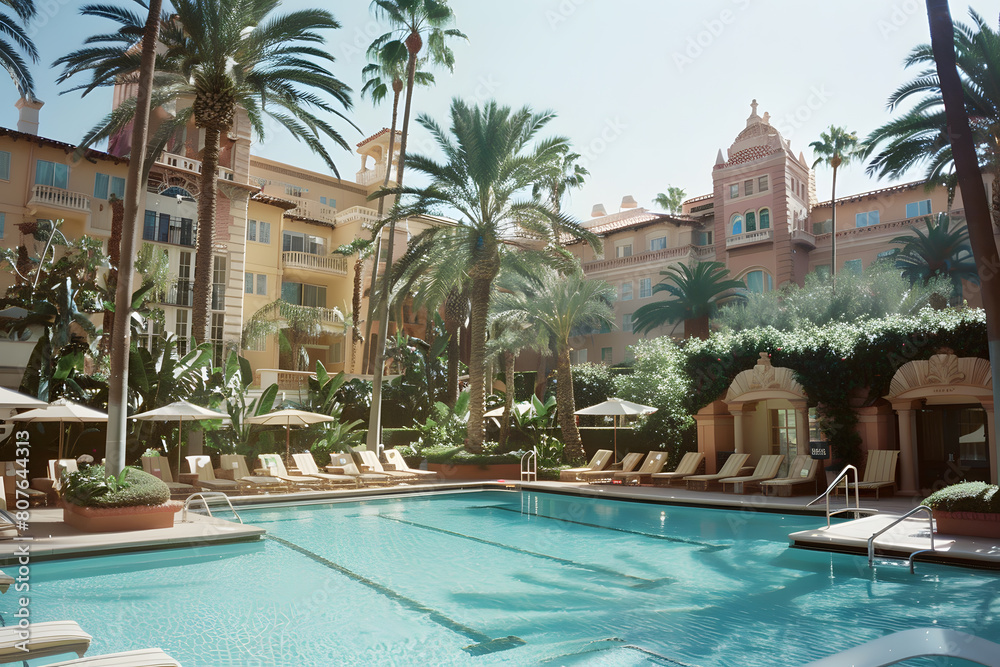 Fototapeta premium Swimming pool and sun loungers at stylish tropical spa hotel, summertime banner mockup. Summer travel sales and vacation concept.