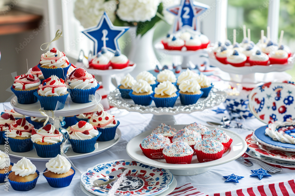 Showcase a table filled with festive desserts decorated in red, white, and blue themes, perfect for Fourth of July celebrations.