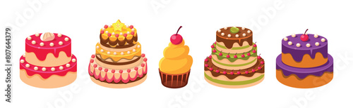 Sweet Cake and Cupcake Dessert with Cream Vector Set