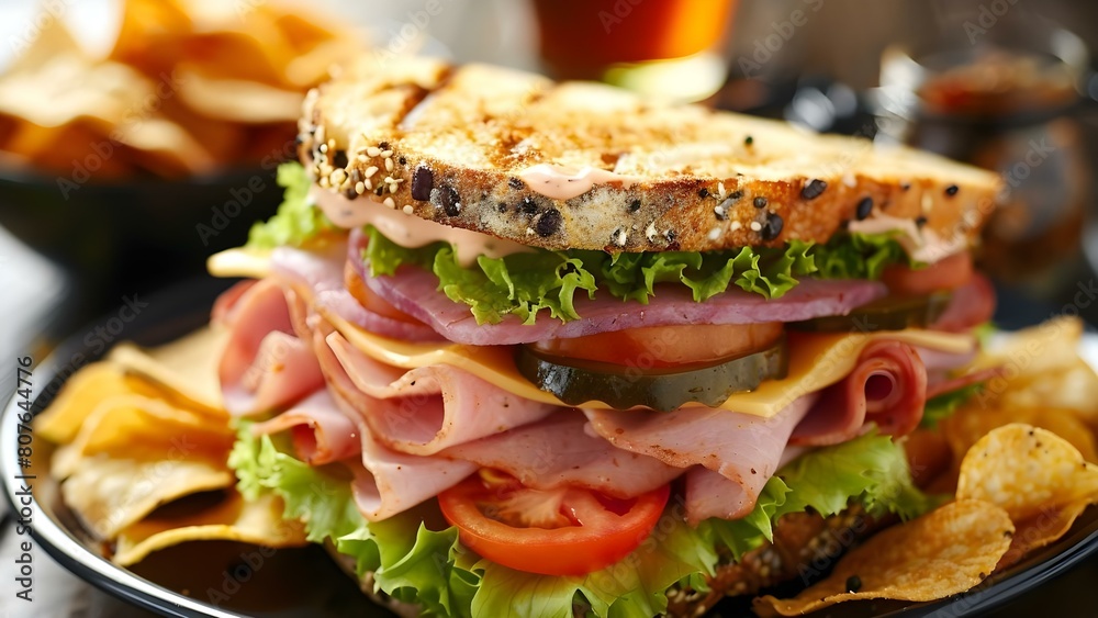 Delicious club sandwich with ham cheese tomatoes lettuce and chips on plate. Concept Club Sandwich, Ham, Cheese, Tomatoes, Lettuce, Chips, Plate
