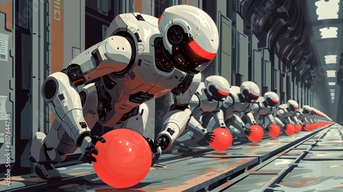 A robot pushing a sphere leading a race against a group of slower businesspeople pushing boxes