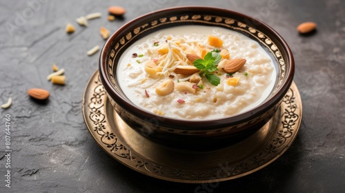 Delicious Indian rice pudding (kheer) toppings with dry fruits in a bowl, ready to be eaten. photo