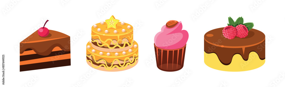 Sweet Cake and Cupcake Dessert with Cream Vector Set Sweet Cake and Cupcake Dessert with Cream Vector Set