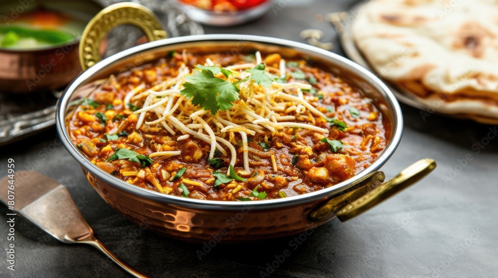 Top view of Spicy Indian Dish, Curry and Flat Bread(Roti). Top view of Spicy Indian Dish, Curry and Flat Bread(Roti).