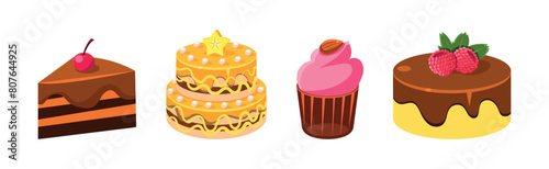 Sweet Cake and Cupcake Dessert with Cream Vector Set