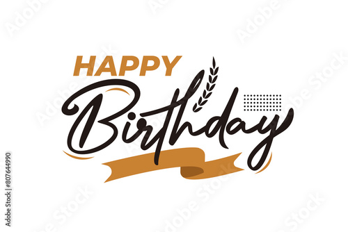 Greeting text of happy birthday lettering design with gold ribbon vector illustration