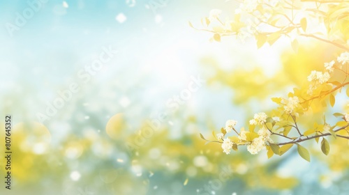 Abstract blurred spring background with green trees  blue sky and bokeh light effect © Raffaza