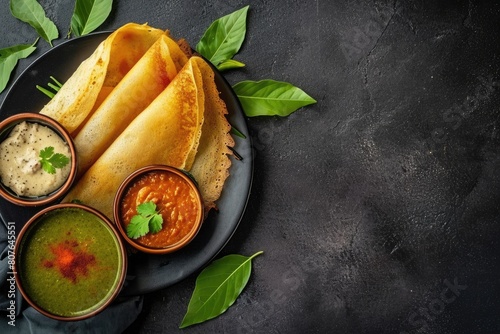Traditional delicious Indian dish dosa with sambhar and chutney. photo