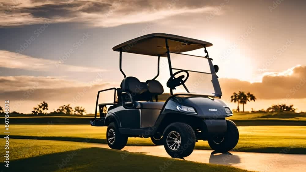 A golf cart on golf course against sunset 