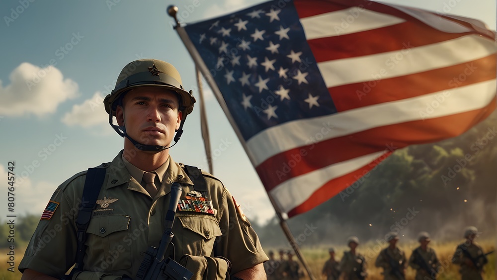 American soldier in a war zone looking into the camera, stunning pround moment with american flag in the background, veterans day, memorial day, armed forces day American soldier in a war zone looking into the camera, stunning pround moment with american flag in the background, veterans day, memorial day, armed forces day