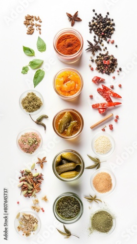 Variety of Fresh and Pickled Vegetables in Jars with Including Spices and Herbs Displaying, Top View.