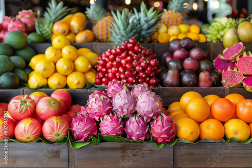 A vibrant display of exotic fruits  featuring dragon fruit  mangosteen  and kiwano  in a tropical setting.. AI generated.