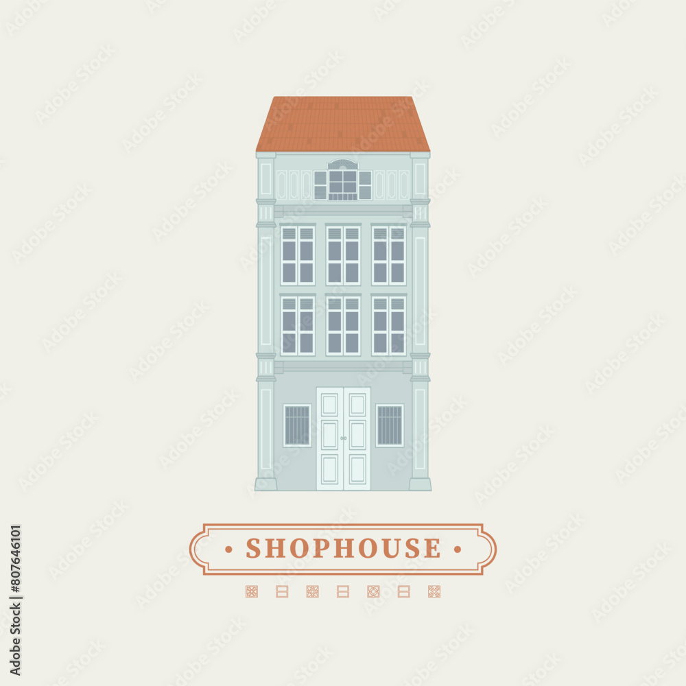 Mnimal vector drawing illustration of an old school heritage shophouse facade in pastel colour. For concept proposal, design, postcard, banner, social media