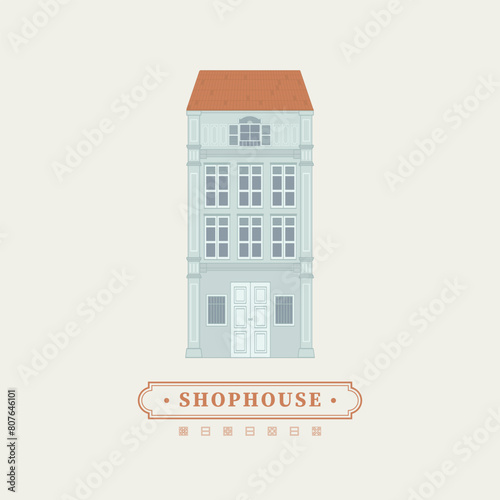 Mnimal vector drawing illustration of an old school heritage shophouse facade in pastel colour. For concept proposal, design, postcard, banner, social media
