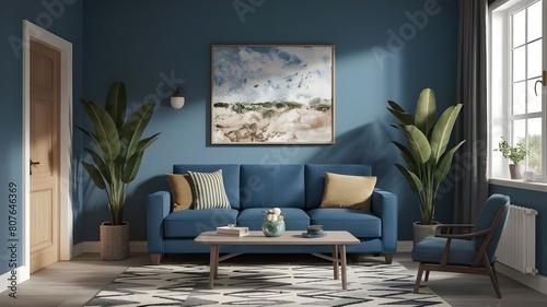 Blue sofa in blue living room with copy space, 3D rendering © Blaise