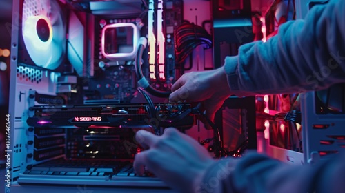 Art of PC building, low-angle shot of an individual meticulously assembling components inside a custom PC rig, the LED lighting showcasing the blend of functionality and aesthetics.