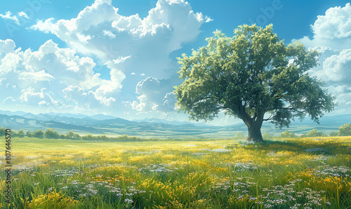 Lush green field under blue skies with a solitary grand tree. generate Ai