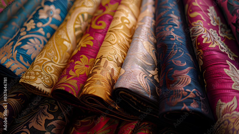 A photo of high-fashion textiles, with luxurious fabrics as the background, during a haute couture interior design exhibition A photo of high-fashion textiles, with luxurious fabrics as the background, during a haute couture interior design exhibition