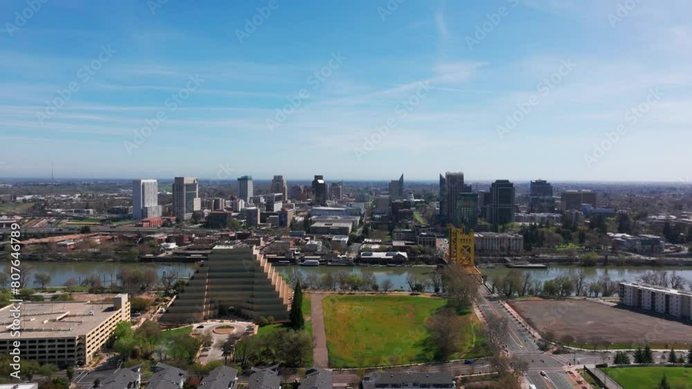Panning to the left drone shot high up over downtown Sacramento, California Panning to the left drone shot high up over downtown Sacramento, California