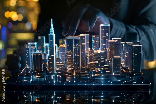 A professional holding an iPad and showcasing a holographic digital twin of city buildings. photo