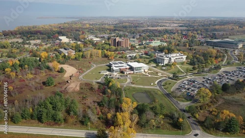 Aerial drone view of the University of Wisconsin Green Bay college campus in the fall photo