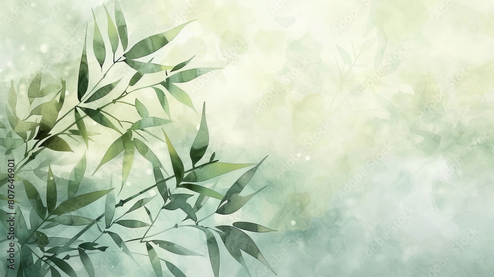 Watercolor illustration of bamboo leaves against a misty background, the subtle greens and grays evoking tranquility and peace Watercolor illustration of bamboo leaves against a misty background, the subtle greens and grays evoking tranquility and peace