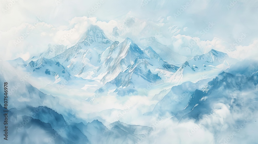 Watercolor of a dreamy mountain vista, clouds gently swirling around snowy peaks, the soft hues evoking serenity and calm
