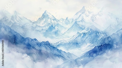 Watercolor of a dreamy mountain vista, clouds gently swirling around snowy peaks, the soft hues evoking serenity and calm