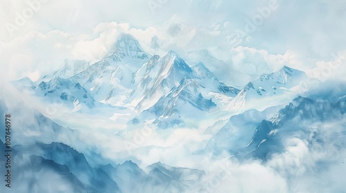 Watercolor of a dreamy mountain vista, clouds gently swirling around snowy peaks, the soft hues evoking serenity and calm