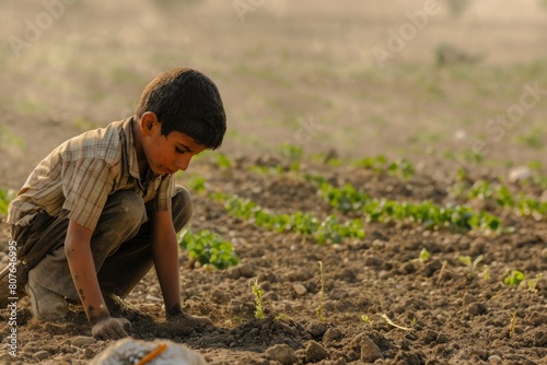 boy kneeling in the ground planting seeds. generative ai