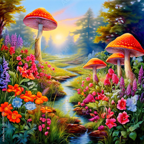 many colorful flowers and mushrooms two sides color grass and bushes vineman water