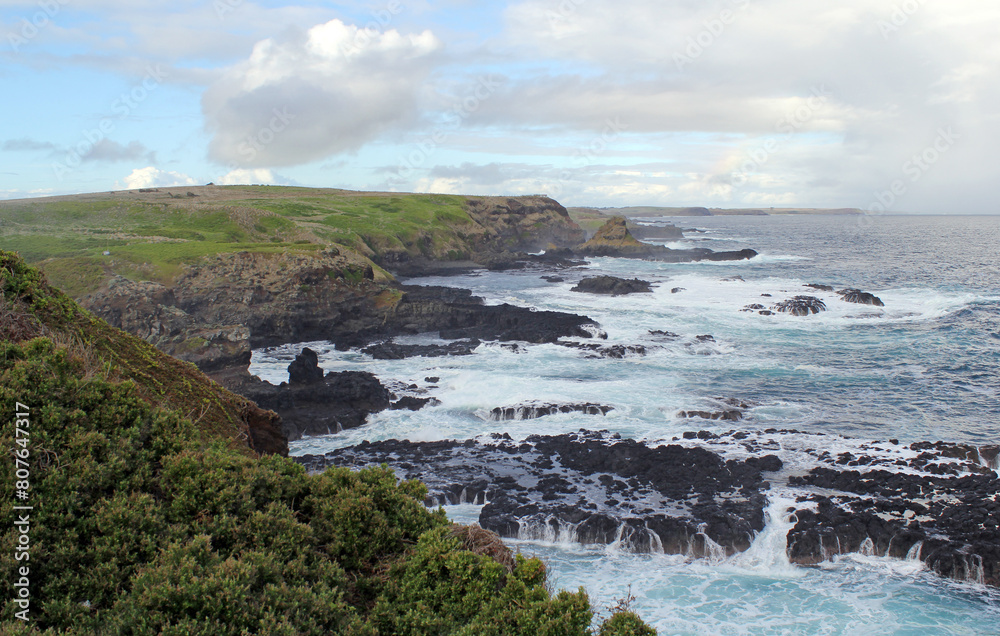 Coastal landscape with rugged cliffs, ocean waves and green vegetation at The Nobbies on Phillip Island, Victoria, Australia