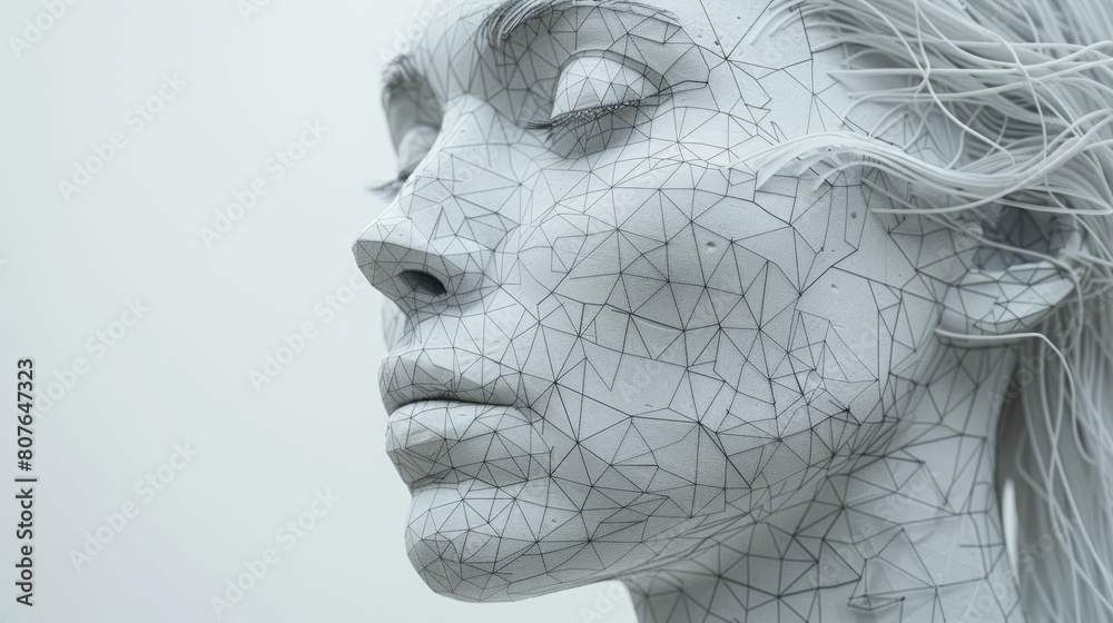 An AI system, a VR system, deep learning technology and a face recognition system in 3D low poly, with pixel artifacts. An AI system, a VR system, deep learning technology and a face recognition system in 3D low poly, with pixel artifacts.