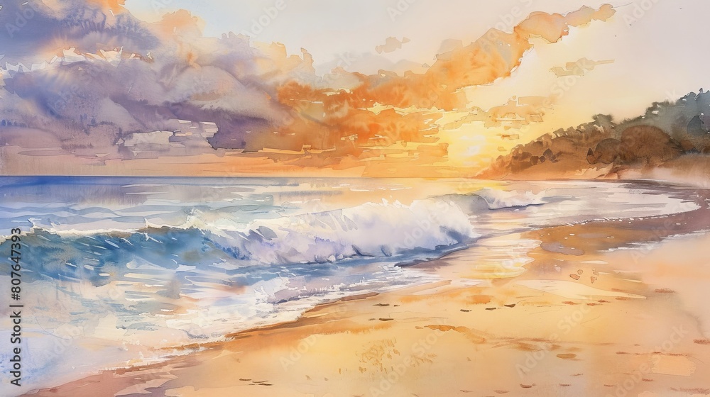 Fototapeta premium Watercolor painting of a quiet beach at sunset, the warm colors and gentle waves crafting a relaxing backdrop for the clinic